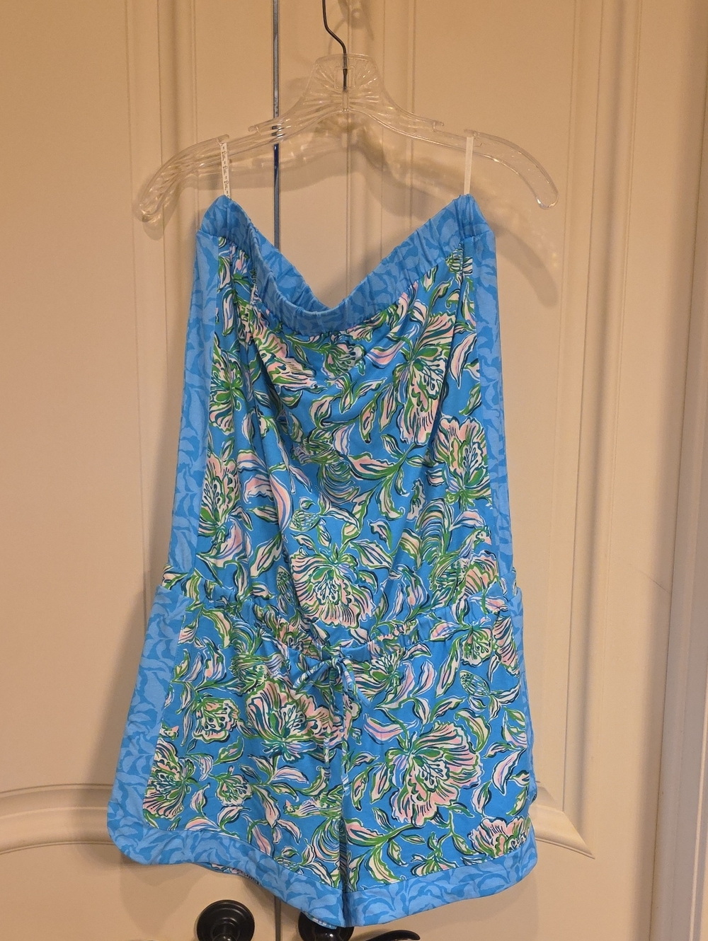 Lilly Pulitzer Blue Floral Romper with Green & Pink Accents, STRAPLESS